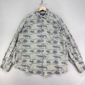 Muskoka Lakes Blanket Shirt Mens Large‎ Moose Leaf AOP Thick Flannel Shacket VTG